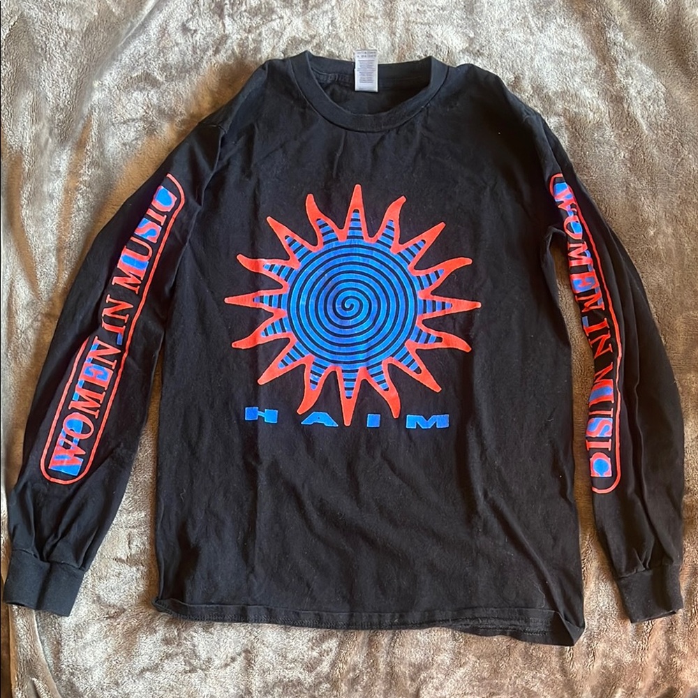 HAIM Women In Music Black Long Sleeve Graphic Tee with Red and Blue Design